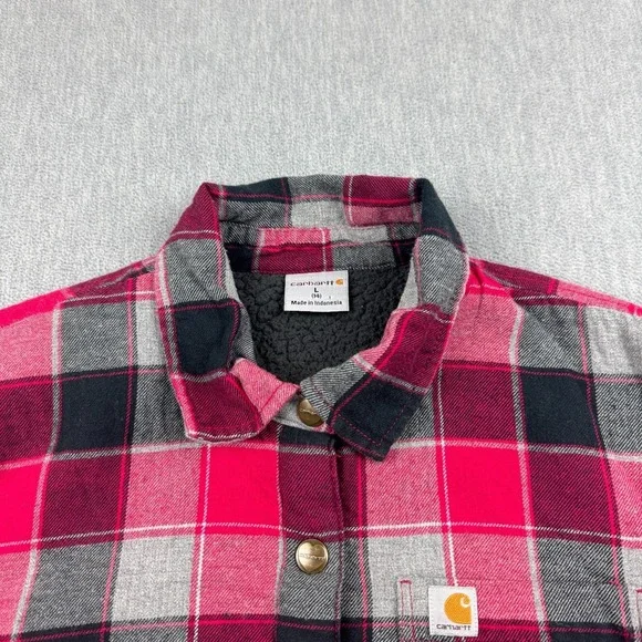 Carhartt‎ Flannel Shirt Girls Large 14 Pink Black Plaid Sherpa Lined Snap Button - Picture 3 of 10
